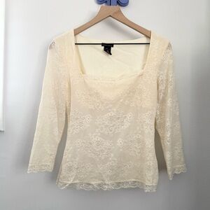 90s Y2K‎ Medium Cream Floral Lace Square Neck Top 3/4 Sleeve Mesh Cottage Fairy
